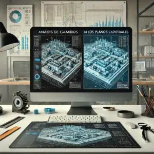 "A detailed cover image for the workshop 'Análisis de cambios en los planos catastrales.' The image should depict a professional workspace with two computer screens displaying cadastral maps and technical layouts. One screen should show a comparison of old and new plan formats, and the other a detailed AutoCAD drawing. The environment should include drafting tools, a modern office desk, and a subtle background showing technical regulations and codes. Use a clean, professional color palette of blues and grays to convey trust and expertise."