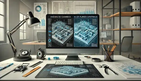 "A detailed cover image for the workshop 'Análisis de cambios en los planos catastrales.' The image should depict a professional workspace with two computer screens displaying cadastral maps and technical layouts. One screen should show a comparison of old and new plan formats, and the other a detailed AutoCAD drawing. The environment should include drafting tools, a modern office desk, and a subtle background showing technical regulations and codes. Use a clean, professional color palette of blues and grays to convey trust and expertise."