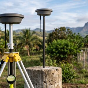 Dos antenas GNSS sobre trípode y bastón junto a un mojón, en una parcela rural