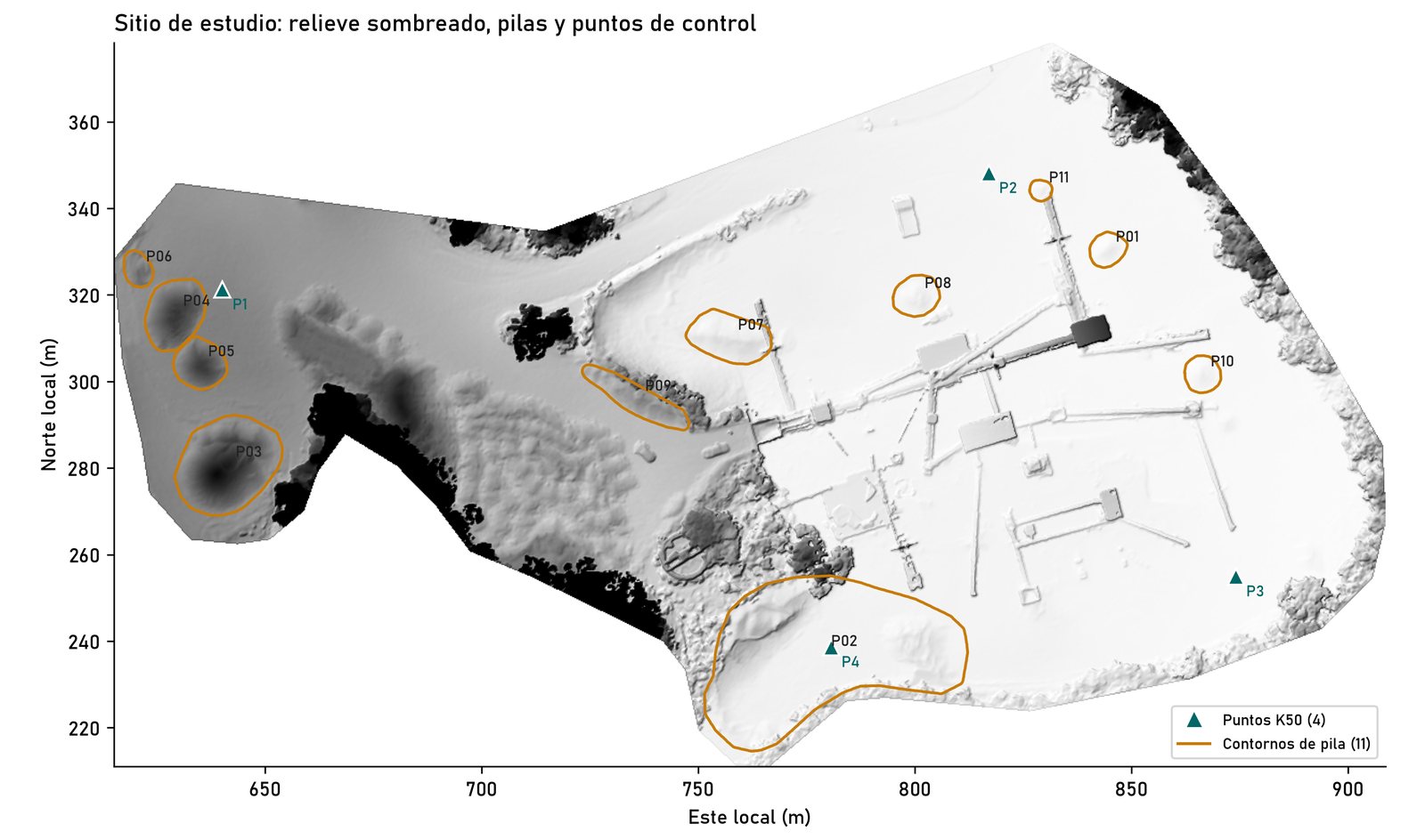 Relieve sombreado del sitio con los 11 contornos de pila y los 4 puntos de control medidos con GNSS.